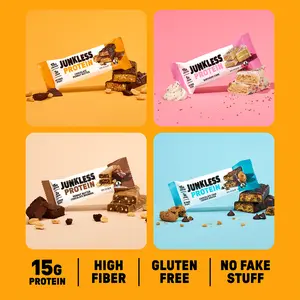JUNKLESS 12 Protein Bar Variety Pack - 15g Protein, 2g Sugar, High Fiber, Gluten Free, Clean Ingredients JUNKLESS 12 Protein Bar Variety Pack - 15g Protein, 2g Sugar, High Fiber, Gluten Free, Clean Ingredients