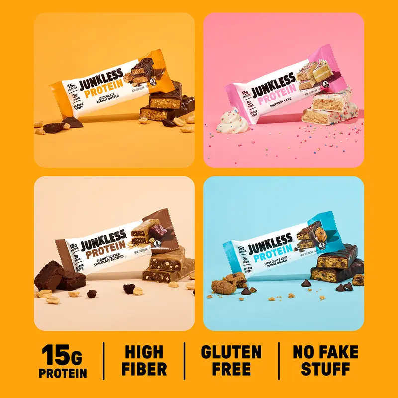 JUNKLESS 12 Protein Bar Variety Pack - 15g Protein, 2g Sugar, High Fiber, Gluten Free, Clean Ingredients
