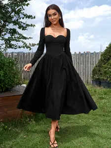 Parthea  Square Neck Backless Back Tie  Ruched A-line Long Sleeves Dress,Women Formal & Evening Dresses
