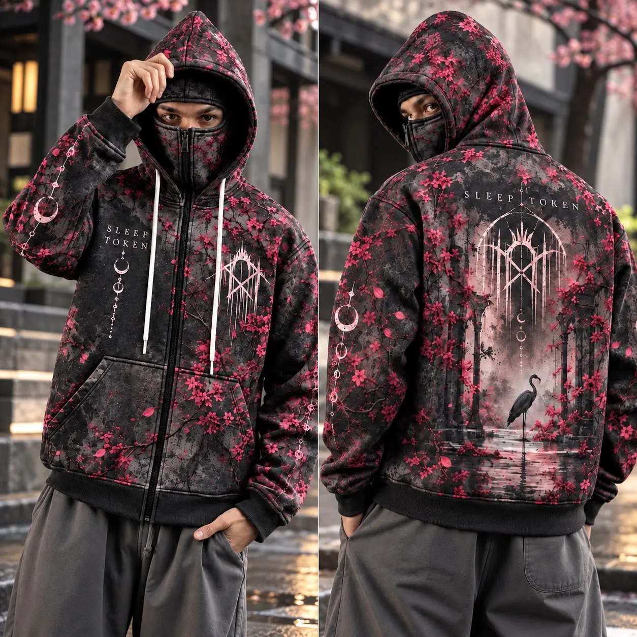Gothic Cherry Blossom Ninja Hoodie, Black Pink Floral Zip Up Hoodie with Integrated Face Cover, Dark Streetwear Jacket, Alternative Fashion Gift