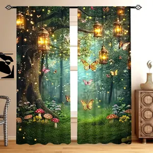 2D Flat, 2D Printing 2pcs Enchanted Forest Fairy Tale Curtains, Mushroom Garden Landscape Design, Blackout & Insulating, No Rod Needed, Quick Installation, Durable Polyester, Semi-Transparent, Perfect for Bedroom, Living Room, Kitchen, Bathroom,rodless
