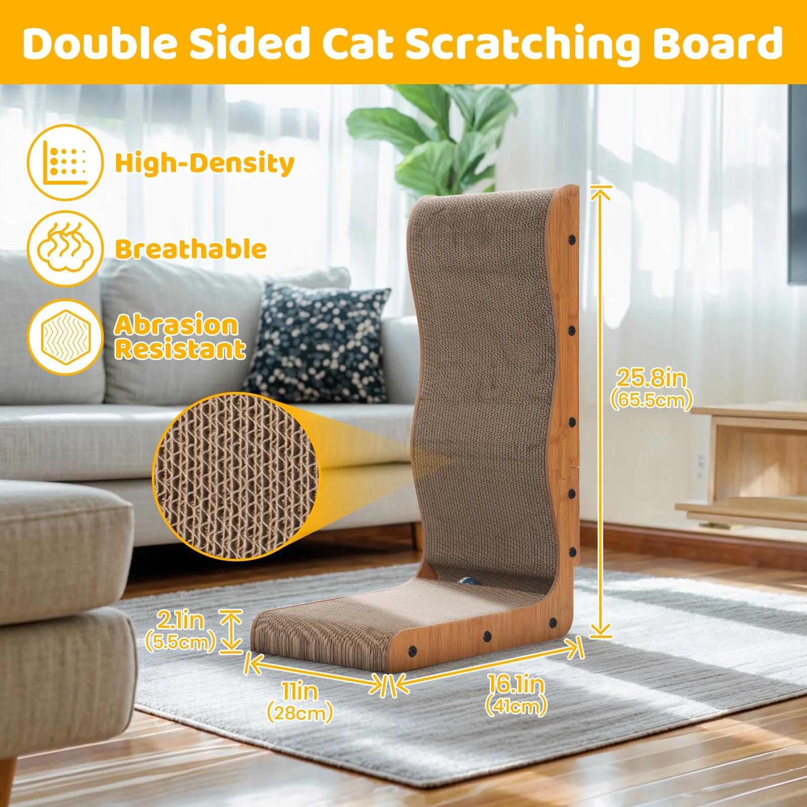 Cardboard L Shape Cat Scratcher - Happy & Polly Vertical Cat Scratching Board with Ball Toy for Indoor Cats - Protecting Furniture Cat Scratch Pad