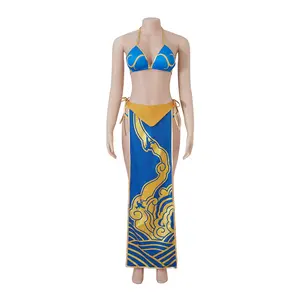 Women‘s Chun Li Cosplay Swimsuit Sexy Blue Bikini with Skirt Set
