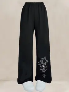 Girl's Star Pattern Elastic Waist Wide Leg Pants, Casual Comfy Pocket Trousers for Fall & Winter, Kids Bottoms for Daily Wear