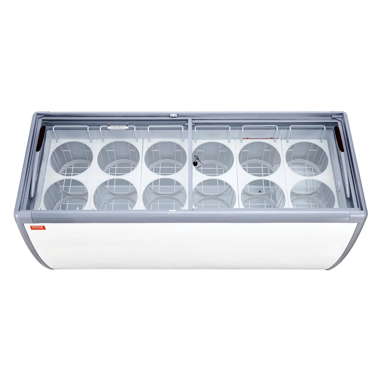 VEVOR Lockable Commercial 567L/20Cu.ft Deep Freezer, Glass Top Chest Freezer with 12 Large Tubs, 2 Sliding Glass Doors, Locking Casters, White LED Lighting, Adjustable Temperature System, Multi-Temp Ctrl for Coffee Shops