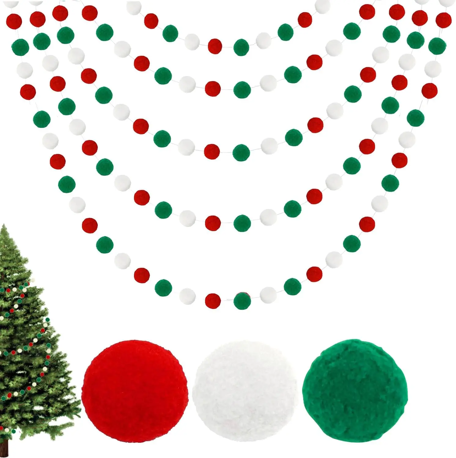 Christmas Pom Pom Garland Christmas Decorations for Tree Indoor Home Room Decor Cute Hanging Felt Ball Red White Green Pompom Bead Ornament String Banner Garland Xmas Birthday Party Supplies