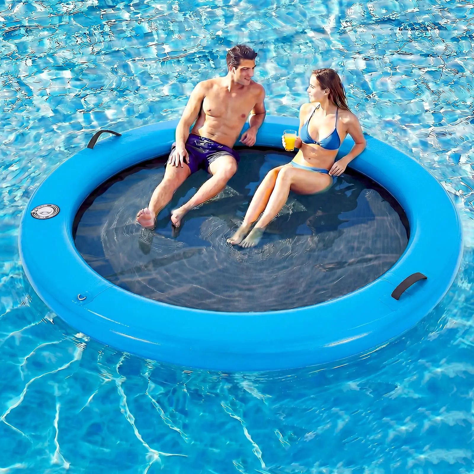 Round Inflatable Floating Dock, Sunchill Float Ring, Hammock Tanning Pool with Woven Fabric, Manual Pump for 1-2 Min Quick Inflate/Deflate, Fits 2-8, Ideal for Lakes, Pools, Oceans