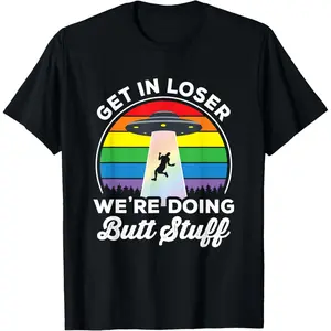 Gay Pride Funny Gay Alien Abduction UFO Rainbow Get in Loser T-Shirt Pure Cotton Graphic Tees Menswear Top: Gifts for Men & Women