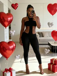 Chic Sexy Cross Neck Backless Bodysuit, Slim-Fitting Valentine's Day Jumpsuit for Spring & Fall, Trendy Women’s Fashion