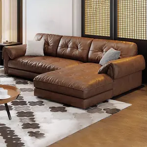 American Style Retro Leather Sofa Top Layer Cowhide Living Room, Vintage Distressed Top Grain Cowhide Couch, Retro Textured Genuine Leather Sofa for Family Living Room & Loft