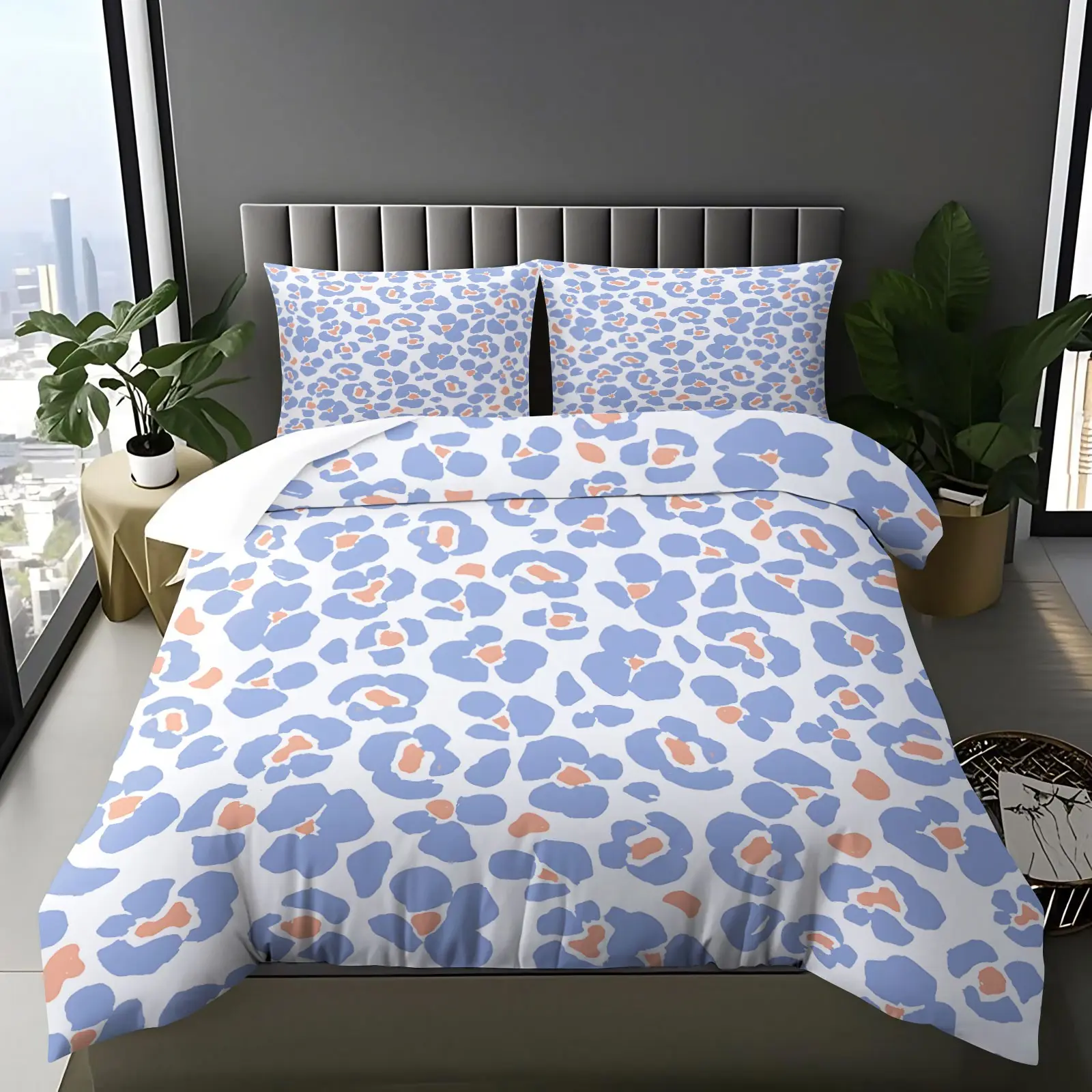 Pastel Blue Leopard Print Duvet Cover Set, Soft Breathable Bed Linen, 1 Duvet Cover & 1/2 Coreless Pillowcases, Perfect Gift for Teenage Girls