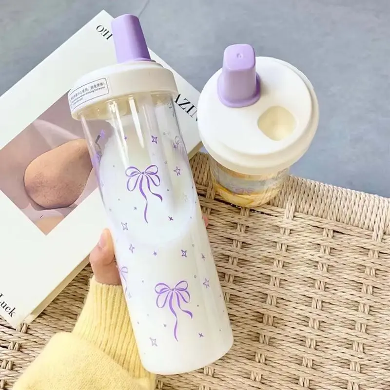 1 purple bow straw water cup, beautiful coffee bubble tea plastic cup, large capacity student new water bottle, Constellation Pattern Tumbler, Tumbler Water Bottles, Water Tumbler With Straw, Portable Water Bottle