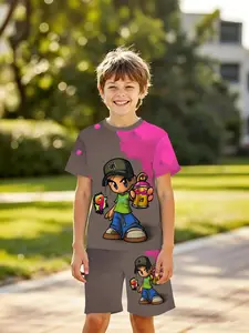 Trendy Graffiti Youth 3D Full-Print Kids Set, Boys Loose Fit Short Sleeve Shorts, Essential Summer, Ideal Gift