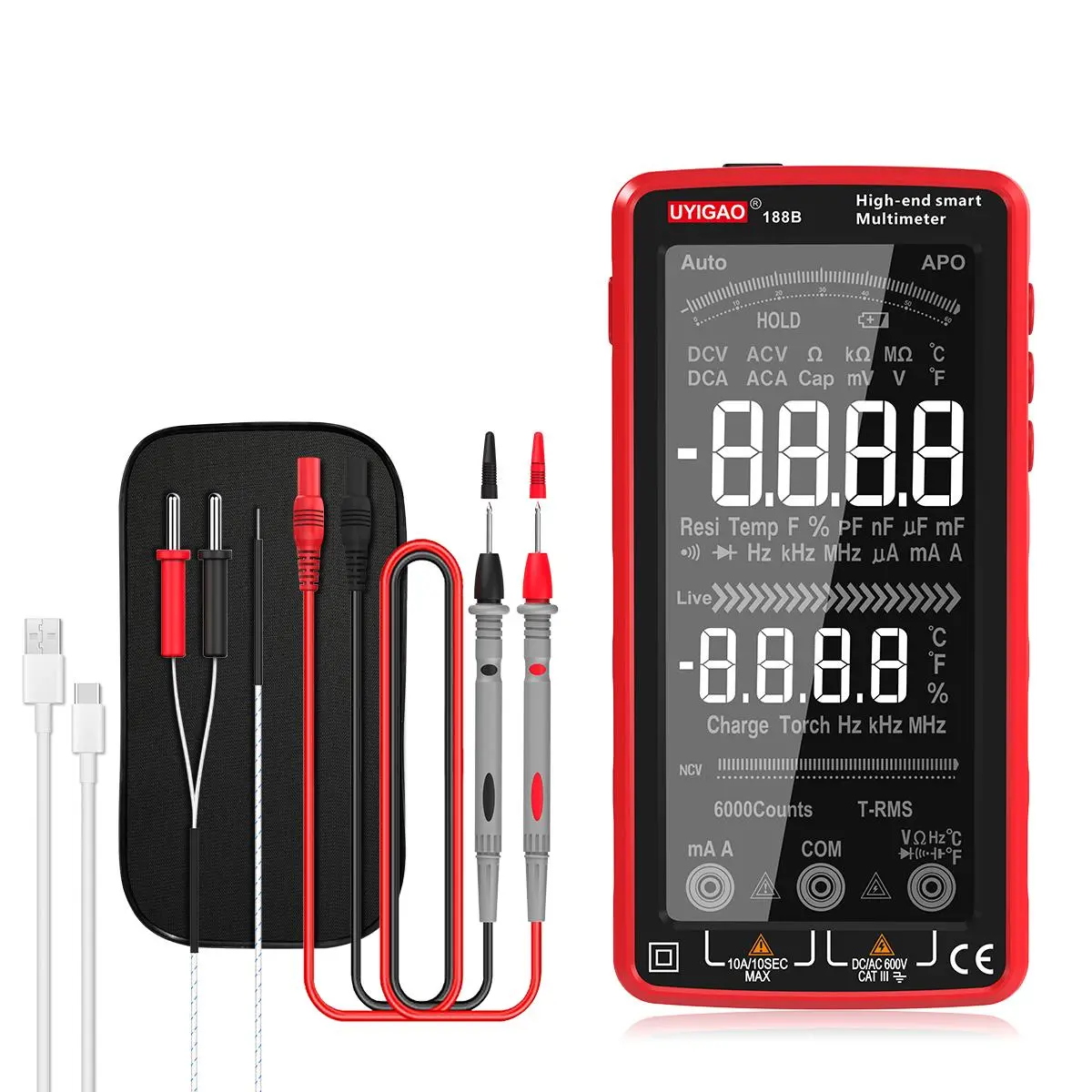 1pc UYIGAO UA188B 188D Smart Rechargeable Multimeter, 6000 Counts TRMS, 188d Color Touch HD Full Screen, Digital True RMS Voltmeter Measures Voltage Current Resistance Continuity Capacitance Temperature Frequency NCV Voltage Tester