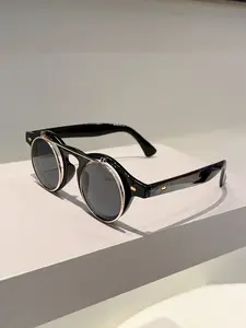 New Round Frame Dual Layer Flip Cover Decorative Glasses, Irregular Legs Design, Trendy Versatile Vintage Style Fashion Sunglasses