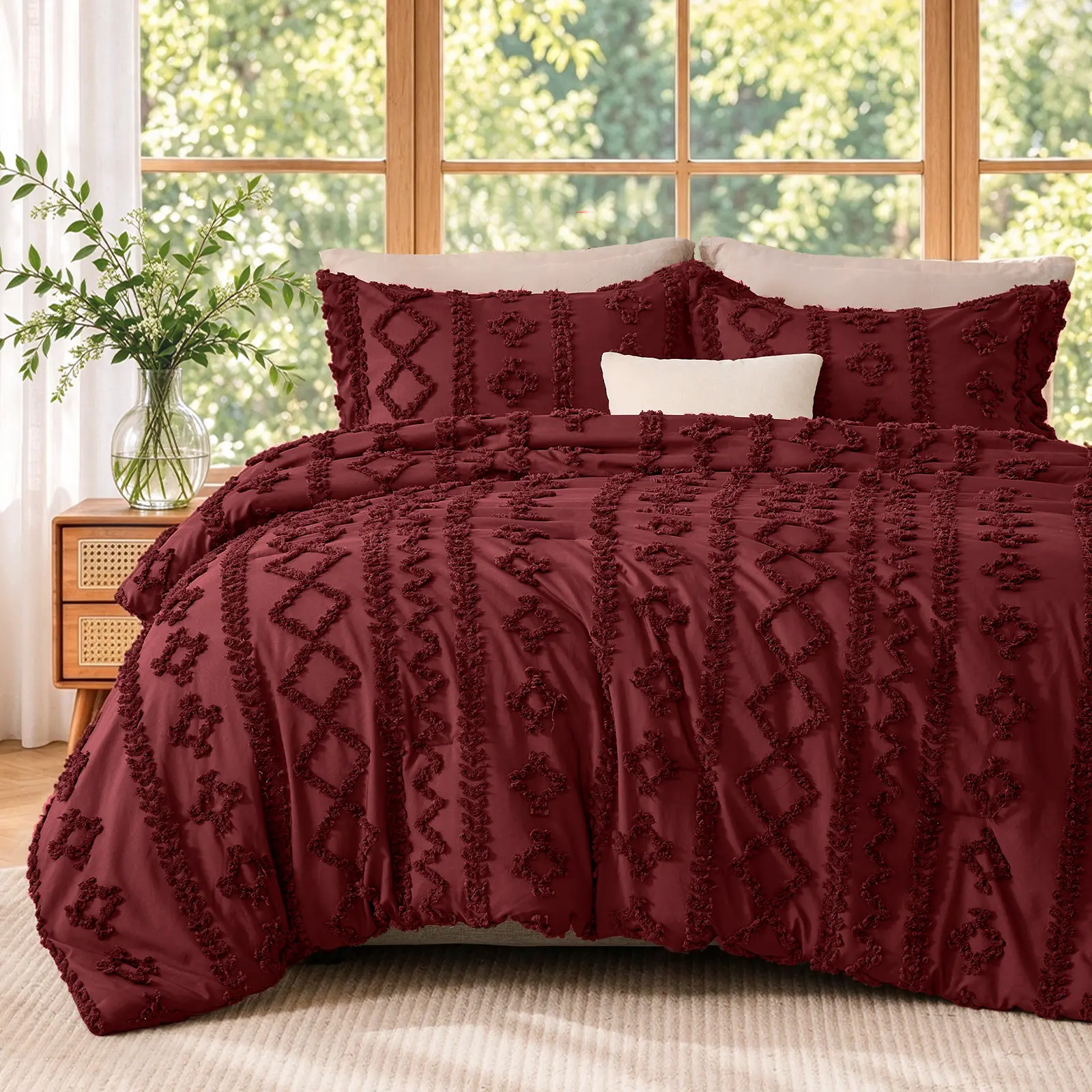 Sasttie Boho Tufted GentleSoft 3-Piece Fabric Bedding Set - Jacquard Soft Farmhouse Embroidery All-Seasons Comforter, Bedroom Decor, Bedding Sets Collections, Gift for Women,familyfun