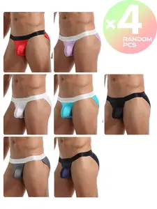 2/3/4 Pcs Random Color Men's Solid High-Cut Bikini Briefs Activewear, High Stretch & Breathable, Body Shaping & Support for Fitness & Sports