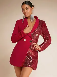 Women's Sparkle Party Jacket, Elegant Long Sleeve Suit Jacket, Trendy Blazer, Winter Christmas Holiday Outerwear, Contrast Sequin Design
