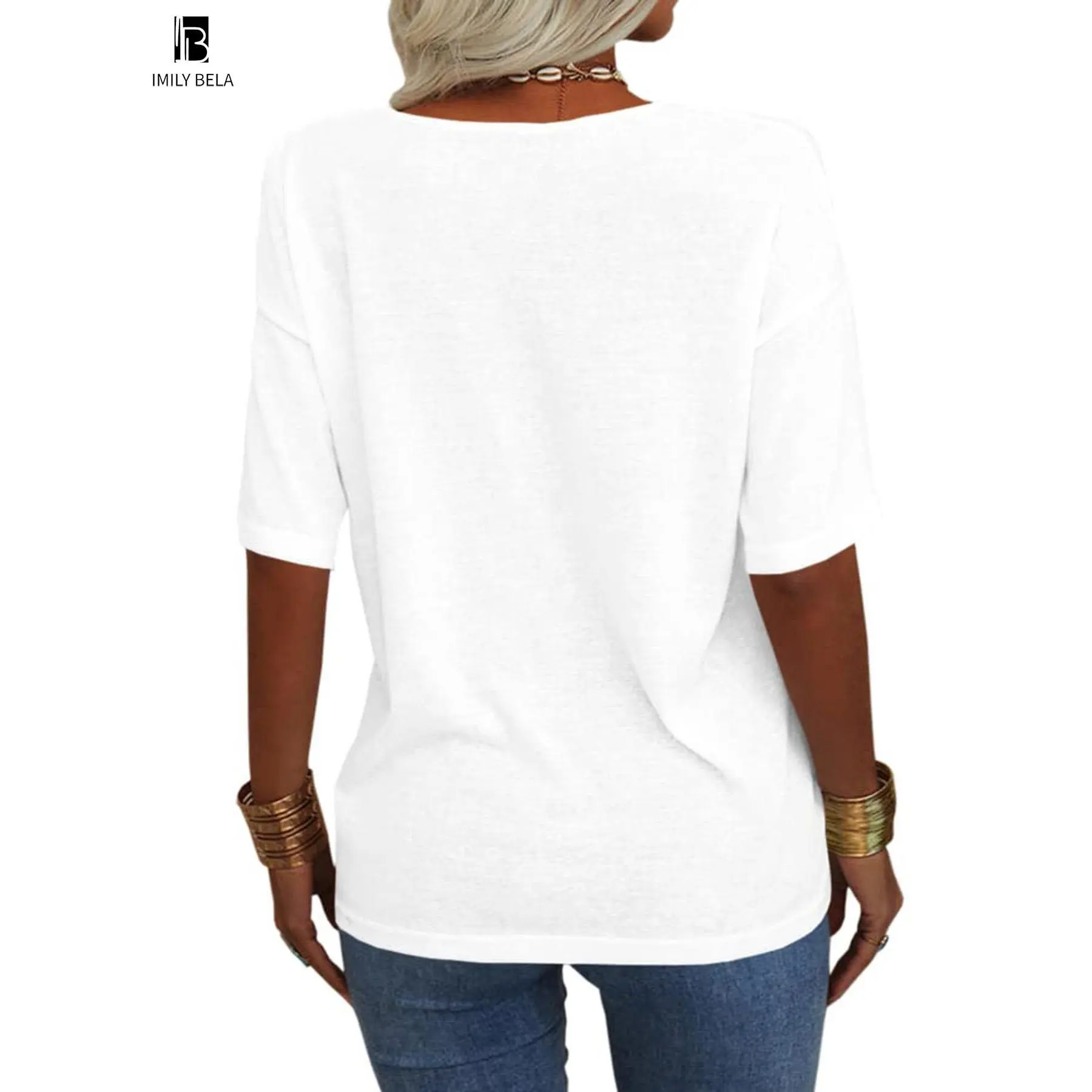 Women's Plain V Neck Drop Shoulder Tee, Casual Chic Minimalist Solid Color Half Sleeve T-shirt for Summer, Women's Basic Top for Daily Wear