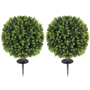 Set of 2 1.3ft Artificial Eucalyptus Topiary Balls – with Ground Stakes, UV Protected Fake Greenery for Indoor and Outdoor Placement