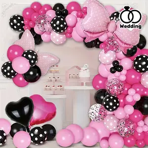 115pcs Pink Mouse Balloon Flower Ring Arch Set, Cartoon Mouse Birthday Party Supplies, Pink and Black Colorful Paper Balloon with Bow Balloon, Used for Decoration of Birthday Parties, Wedding, Engagement, Anniversary, Etc