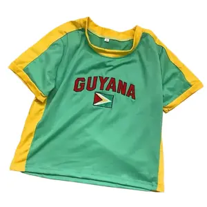 Guyana Graphic Baby Tee - Short Sleeve Top with Yellow Sleeves and Red Text Design - Womenswear