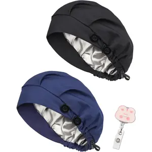 2 Pack Satin Lined Bouffant Scrub Caps with Buttons, Adjustable Scrub Caps for Women Men