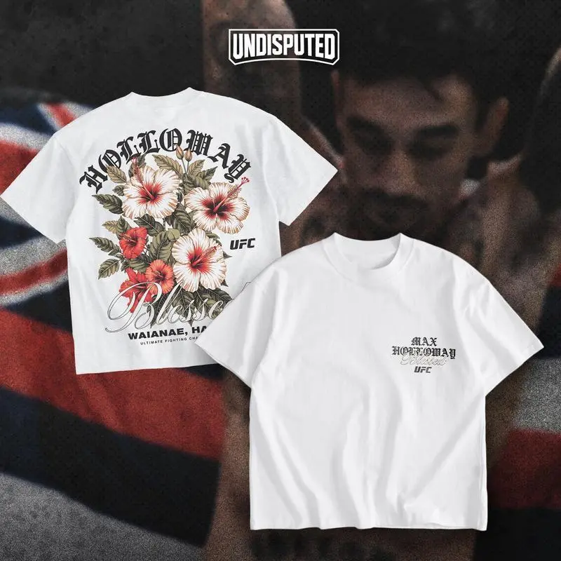 Oloey Men's Max Holloway "Blessed" UFC Classic Soft Round Neck T-Shirt - Heavy Cotton Fabric, Hawaii Hibiscus Print, Breathable Fan Apparel, Shortsleeve, Pair with Jeans