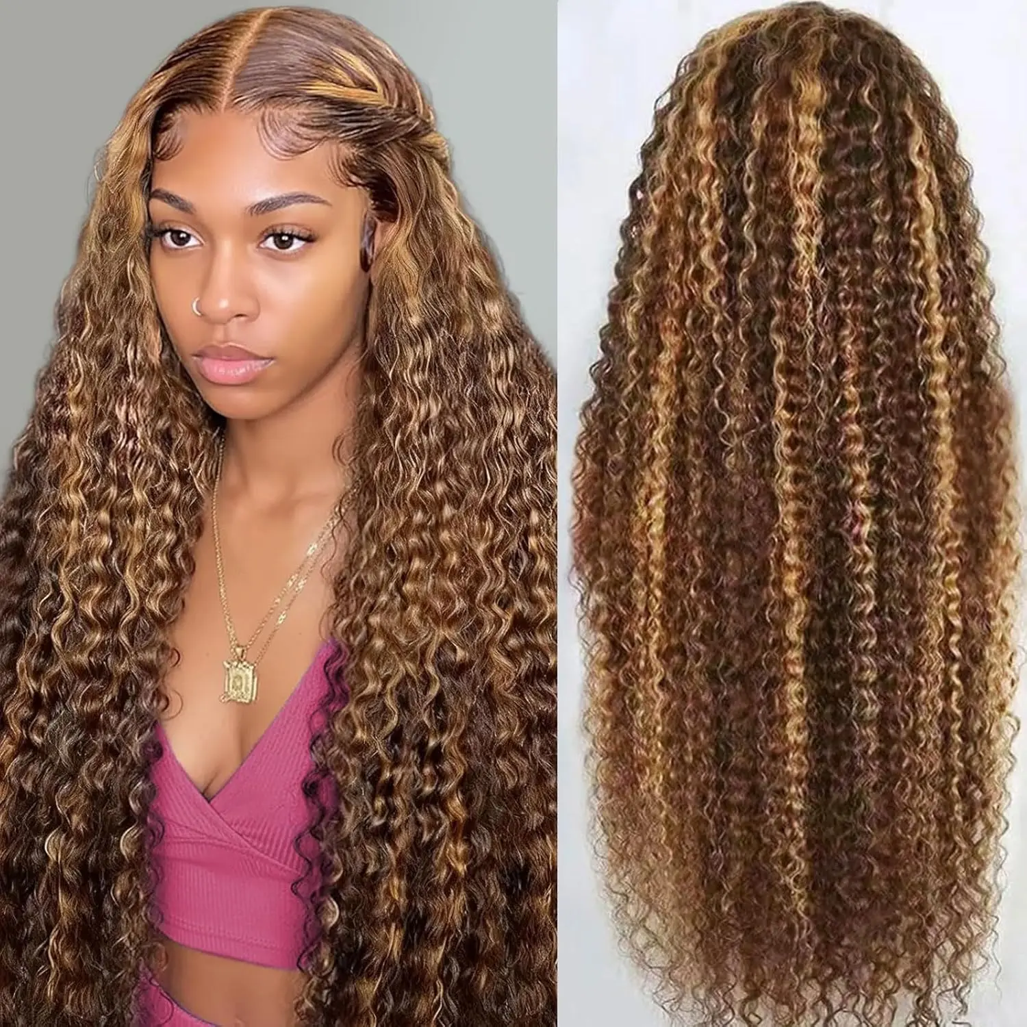 Honey Blonde 13x6 Deep Wave Lace Front Wigs Human Hair 30 inch 4/27 Highlight Ombre Deep Wave HD Transparent Lace Front Wigs Pre Plucked Curly Lace Frontal Wig for Women