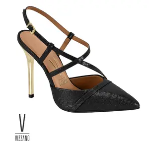 Vizzano Strappy Slingback Stiletto Heels Pointed Toe Snake Embossed Women's Cross Strap Gold Tone Dress Shoes