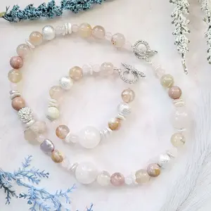 Handmade Chunky Gemstone Necklace & Bracelet Set with Flower Agate, Rose Quartz and Freshwater Pearls