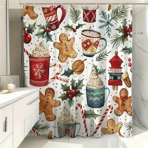 Christmas gingerbread pattern shower curtain, perfect for bathroom decoration, partition, beautification space, Bathroom Decoration Accessories, waterproof, wear-resistant, easy to clean, machine washable, free shower curtain hook