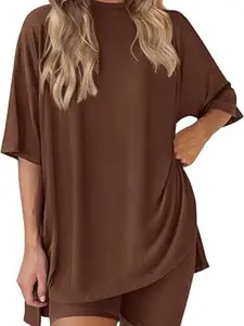 2026 New Women's Casual Round-Neck Slit Loose Shorts and Short-Sleeve Loungewear Set, Comfortable and Stylish Sleepwear for Daily Wear