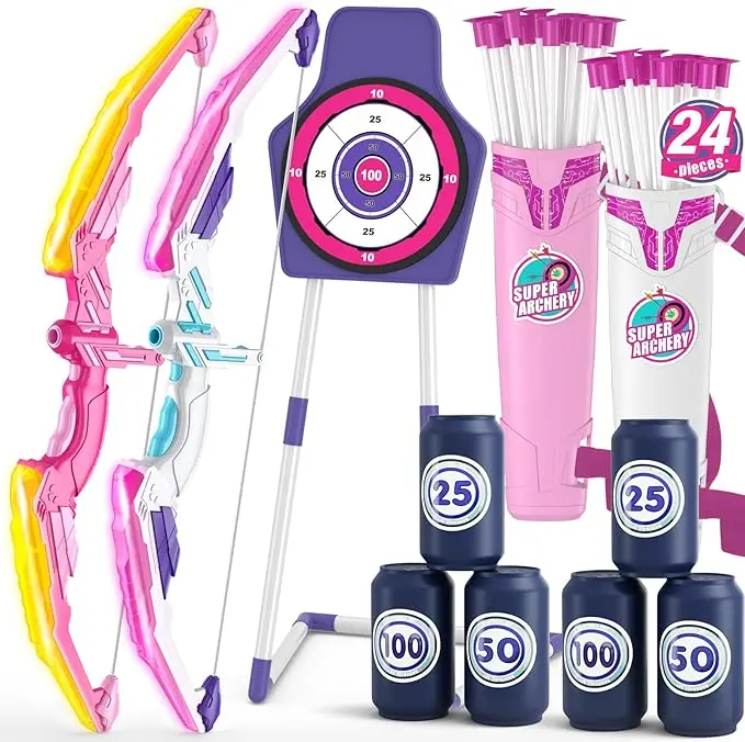 Kids' LED Lighting Bow and Arrow Set (2 Pack, Ages 4+), 24 Soft Rubber Suction Cup Arrows, 1 Standing Target, 6 Score Targets, 2 Quivers - Archery Fun Indoor Outdoor Toy, Christmas Gift, Requires AA