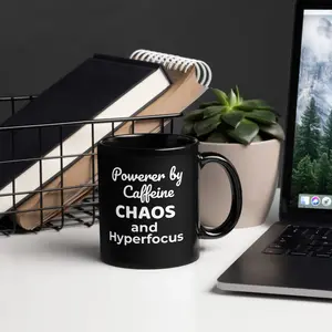 Powered by Caffeine Chaos & Hyperfocus Ceramic Mug 11oz/15oz Glossy Black Reusable Drinkware with Bold Rocket Design Dishwasher Safe Microwave Friendly Gift for ADHD Warriors Coffee Tumbler