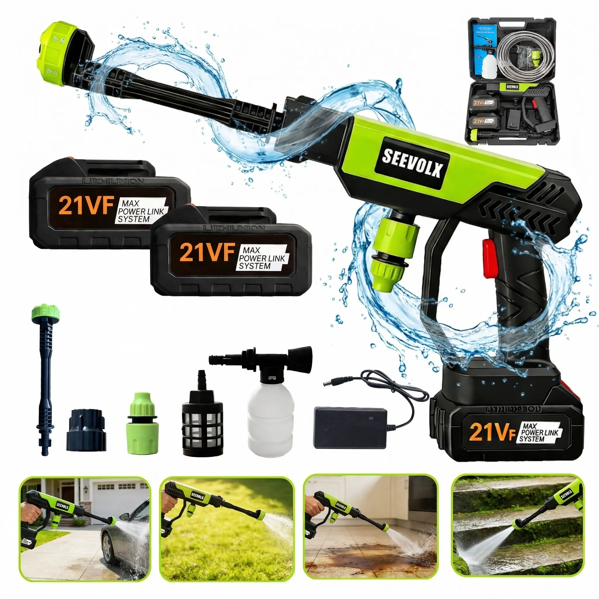 SEEVOLX Portable 21V Cordless Pressure Washer Compact Power Washer for Car Patio & Garden Cleaning with Accessories