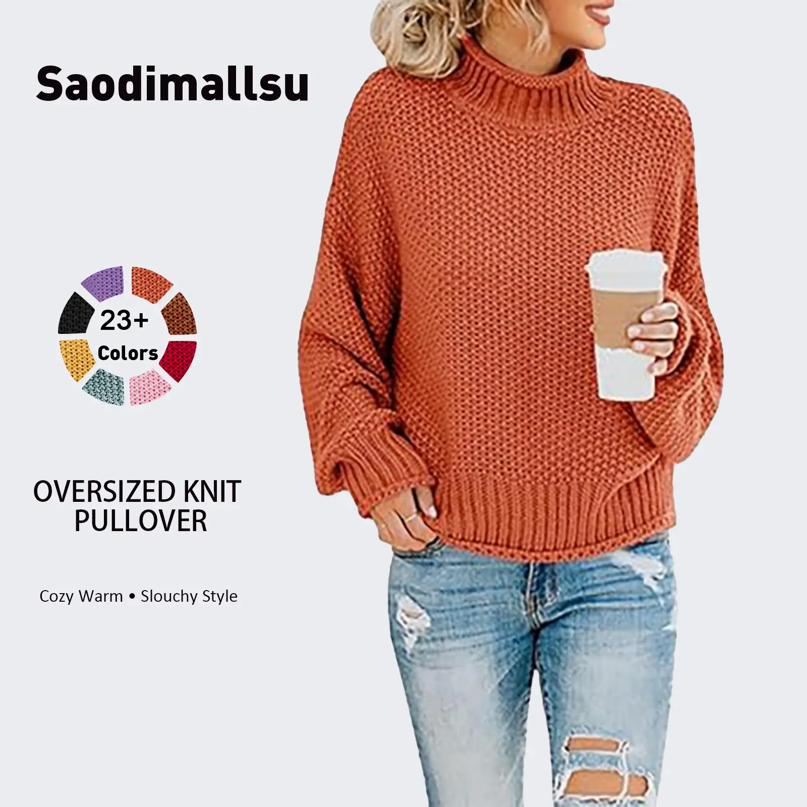 Saodimallsu Women's Oversized Casual Turtleneck Batwing Long-Sleeve Chunky Knitwear Pullover Top, Longsleeves, Tops, Sweaters, Valentines Day