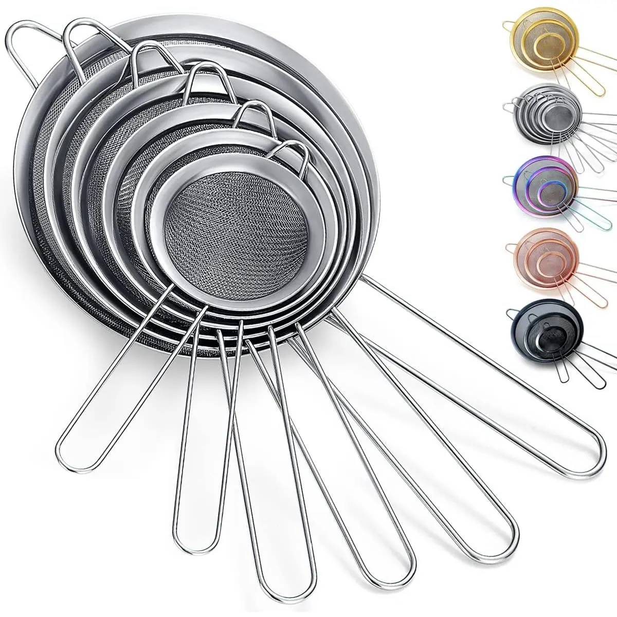 Fine Mesh Strainer 6 Pieces Set, Flour Sifter For Baking, Stainless Steel Clander, Matcha Tea Strainer, Gravy Separator, Stasher Sieve Pasta Strainers Kitchen Utensils