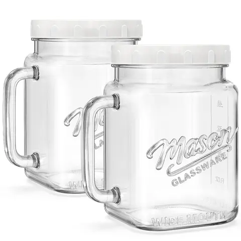 Syntic Thick 2-Pc 74oz Wide-Mouth Glass Canister Jars with Lids - Mason Jars with 1-Piece Handle, Kitchen Preserving Containers for 4.9# Flour, Sugar Storage, Wide-Mouth Clean DIY Favor Decor