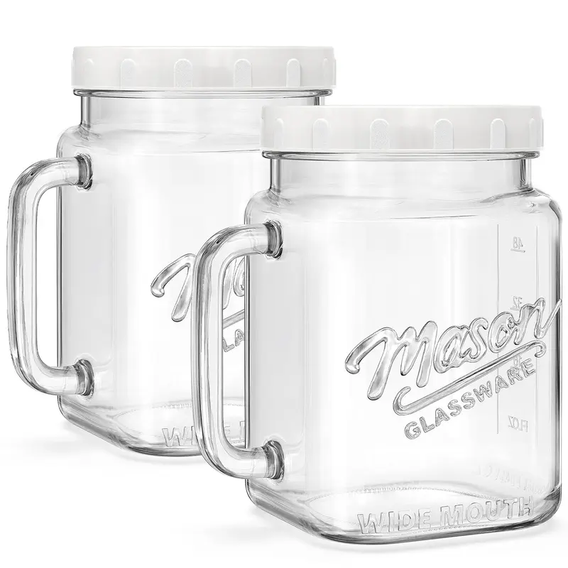 Syntic Thick 2-Pc 74oz Wide-Mouth Glass Canister Jars with Lids - Mason Jars with 1-Piece Handle, Kitchen Preserving Containers for 4.9# Flour, Sugar Storage, Wide-Mouth Clean DIY Favor Decor