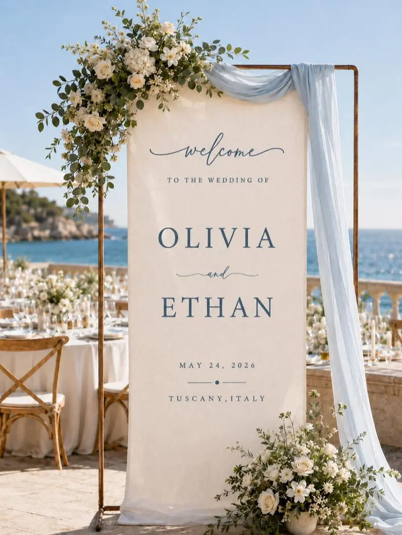Personalized Fabric Wedding Welcome Sign, Custom Linen Wedding Banner, Modern Ceremony Entrance Decor, Elegant Wedding Reception Display