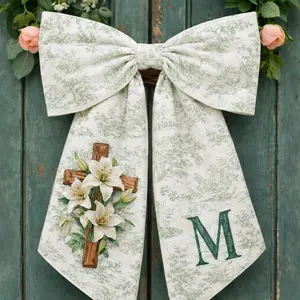 Wreath Sash Green Toile Cross Lily Monogram Door Ribbon