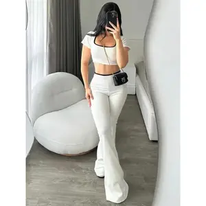 Square Neck Short Sleeve Top with High Waist Bell Pants, Color Block Trim, Slim Fit, Elegant Fashion, Women's Casual（gift）