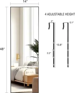 Full Length Mirror 48x14 Inch - Over The Door Hanging Mirror for Bedroom - Living Room - Closet - Lightweight Durable Black Frame - No Drill Installation - Space Saving