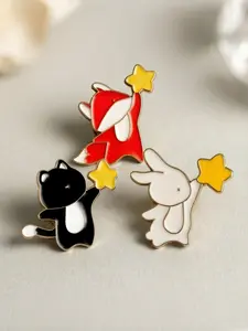 3pcs Cute Animal Enamel Pin Set, Kawaii Star Brooch for Backpack Jacket Bag, Accessories Gift for Girls, Fox Cat Rabbit Pin