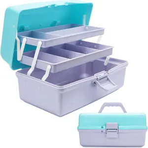 12in 3-Layer Plastic Craft Organizers and Storage, Portable Folding Tackle Box with Handle & Adjustable Dividers, Multipurpose Case for Sewing, Art Supplies, Medicine, Tools (Purple Blue)