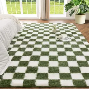 3x5 Ft Green and White Area Rug for Living Room Classic Checkered Shaggy Rug Non-Slip High Pile Soft Fluffy Rug Fuzzy Carpet Bedroom   Room  Playroom, Cute Dorm Home Decor