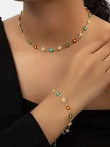 Simple Fresh Colorful Sunflower Oil-Drop Necklace Bracelet Set, Random Colors, Fashion Jewelry for Women and Girls