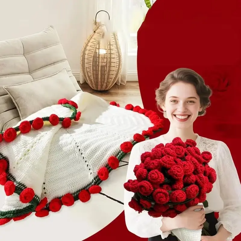 Hand Crochet Rose Bouquet Blanket, 2 in 1 Foldable Knit Throw Blanket, Convertible Flower Bouquet Shawl Wrap, Warm Knitted Blanket Gift for Women Valentine Wedding