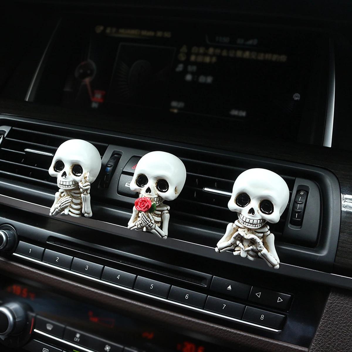 3pcs Cute Skeleton Resin Figurines, Car Interior Accessories, Fragrance Diffusers, Car Aroma Diffuser, Air Outlet Clips, All-Season Car Decor, Holiday Decorations, Air Freshener, Car Accessory, Perfect Car Gift